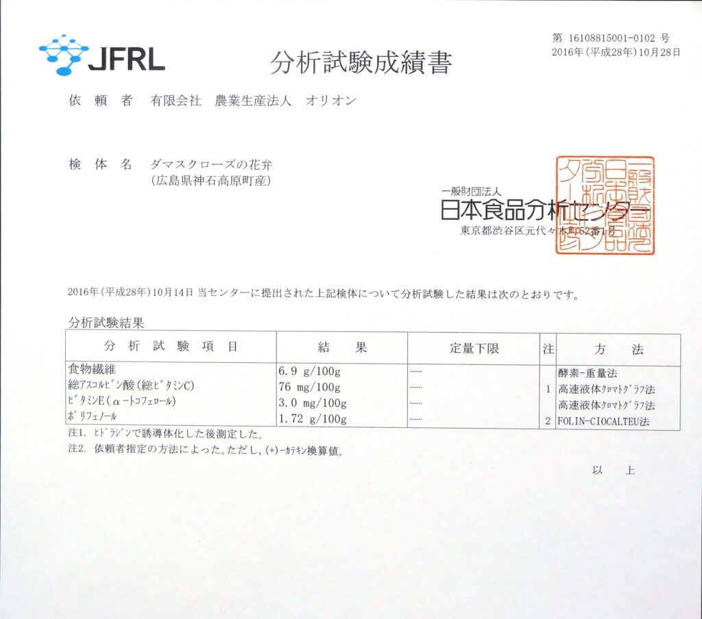 ダマスクローズ分析試験成績書